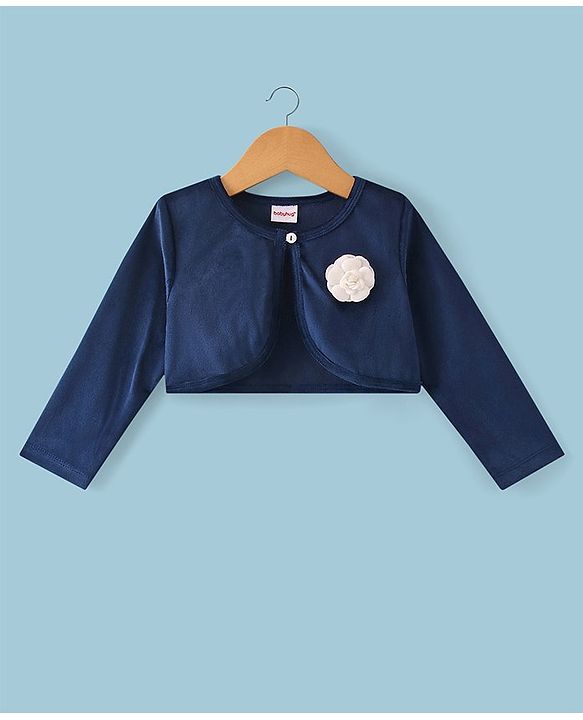 Babyhug Woven Frock with Three Fourth Sleeves Jacket Floral Applique - Navy Blue