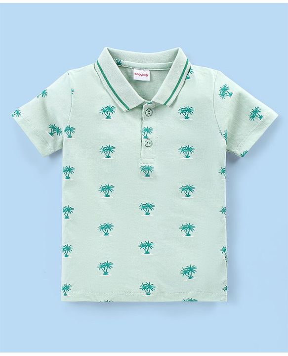 Babyhug Cotton Knit Half Sleeves  Polo T-Shirt with Tree Print - Green