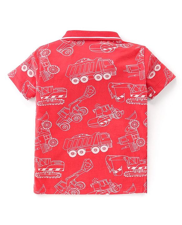 Babyhug Cotton Knit Half Sleeves Polo T-Shirt With Vehicles Print - Red