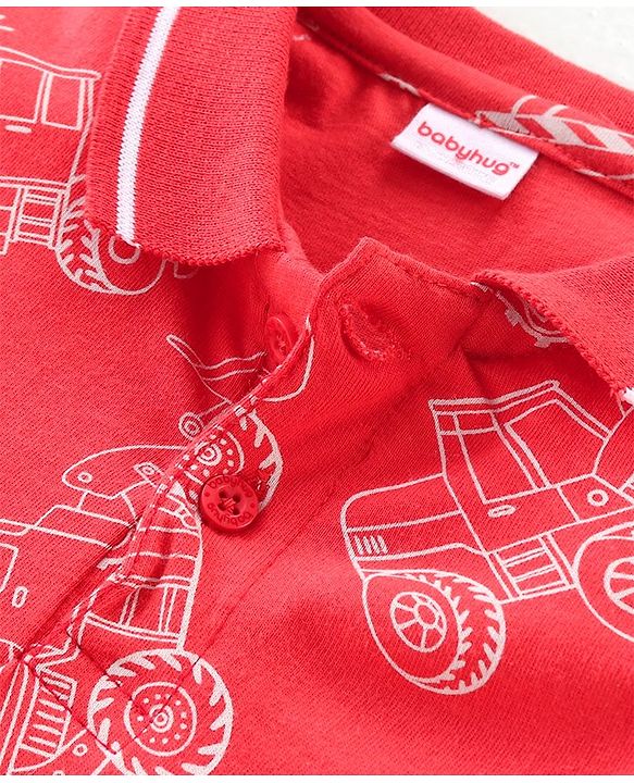 Babyhug Cotton Knit Half Sleeves Polo T-Shirt With Vehicles Print - Red
