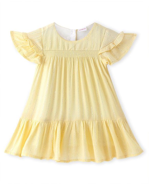 Babyhug Viscose Cotton Half Sleeves Drop Waist Frock with Embellishment - Yellow