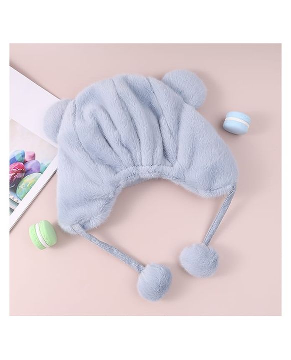 Babyhug Woolen Cap With Pom Pom Applique - Sky Blue