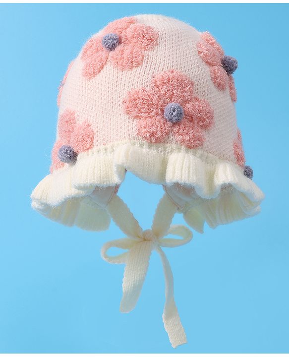 Babyhug  Floral Design Woollen Cap - White