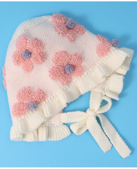 Babyhug  Floral Design Woollen Cap - White