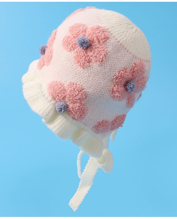 Babyhug  Floral Design Woollen Cap - White