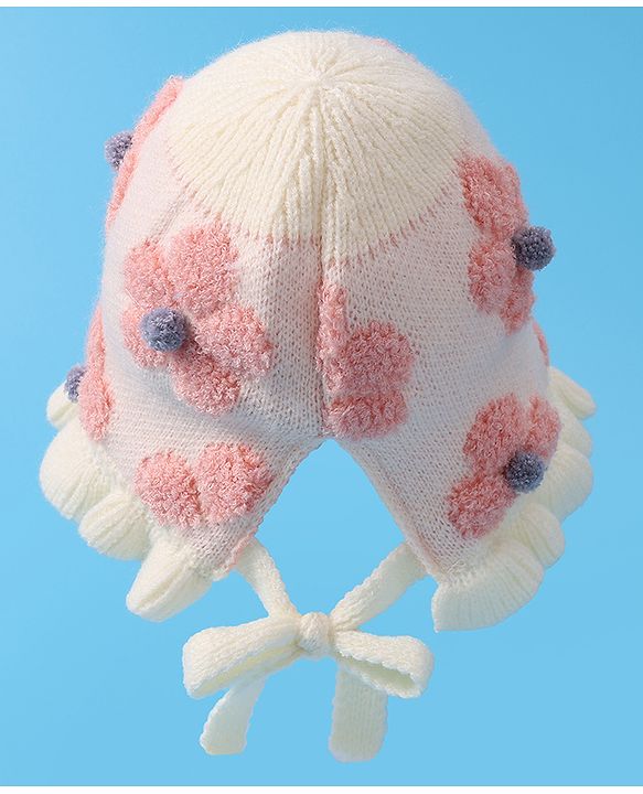 Babyhug  Floral Design Woollen Cap - White