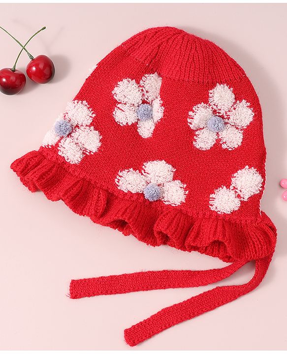 Babyhug  Floral Design Woollen Cap - White
