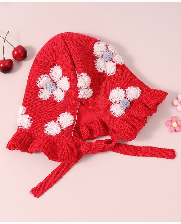 Babyhug  Floral Design Woollen Cap - White