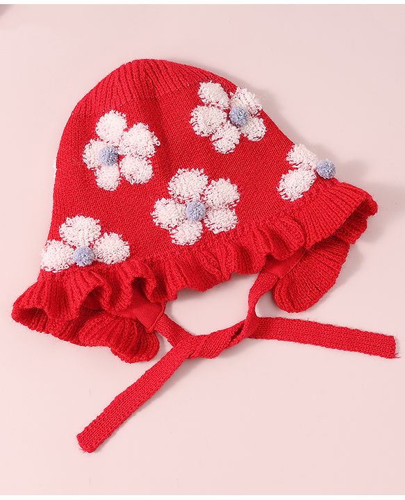 Babyhug  Floral Design Woollen Cap - White