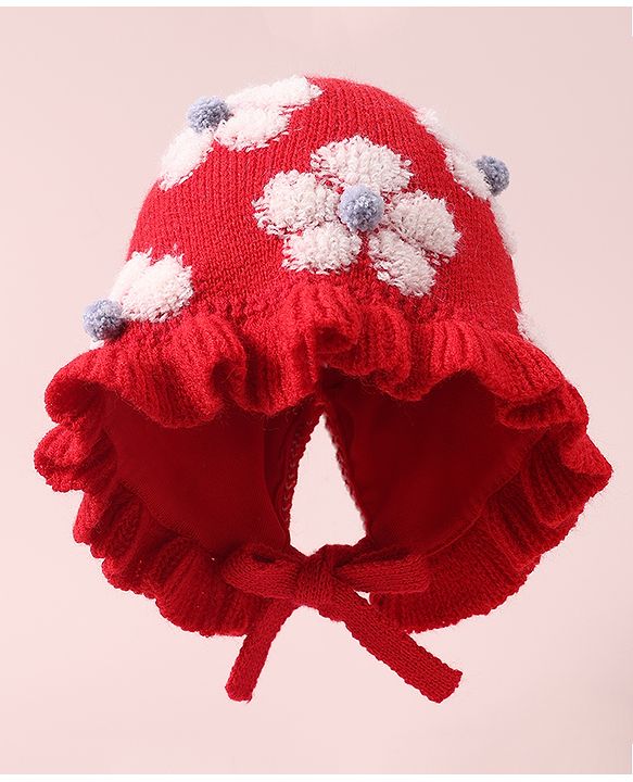 Babyhug  Floral Design Woollen Cap - White