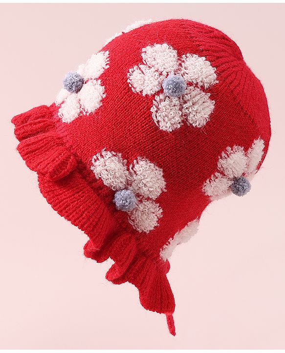 Babyhug  Floral Design Woollen Cap - White