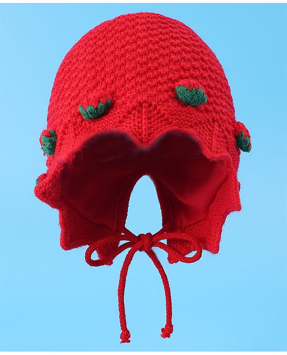 Babyhug Woolen Cap With Strawberry Applique - Red