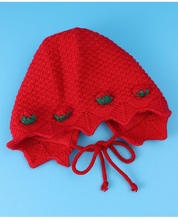 Babyhug Woolen Cap With Strawberry Applique - Red