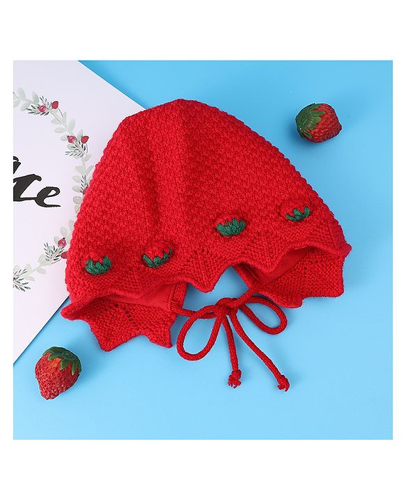 Babyhug Woolen Cap With Strawberry Applique - Red