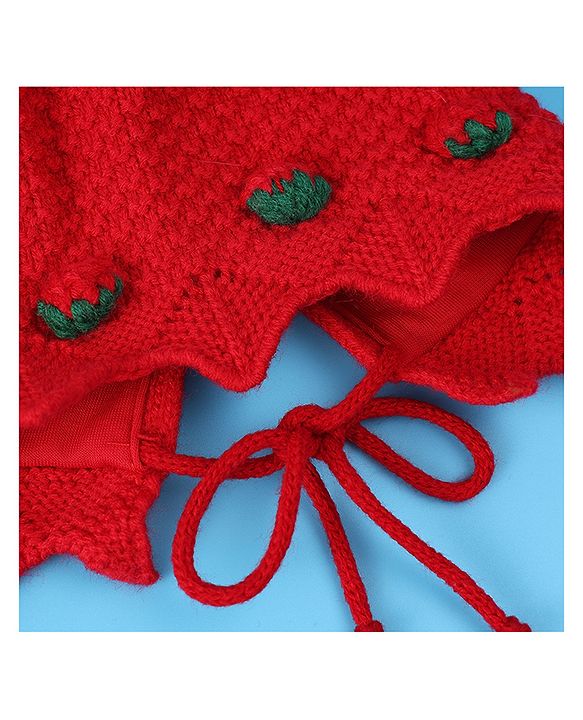 Babyhug Woolen Cap With Strawberry Applique - Red