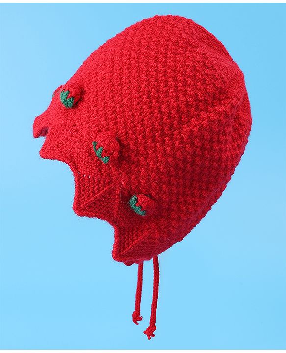 Babyhug Woolen Cap With Strawberry Applique - Red