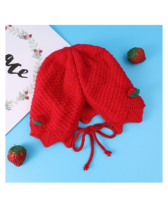 Babyhug Woolen Cap With Strawberry Applique - Red