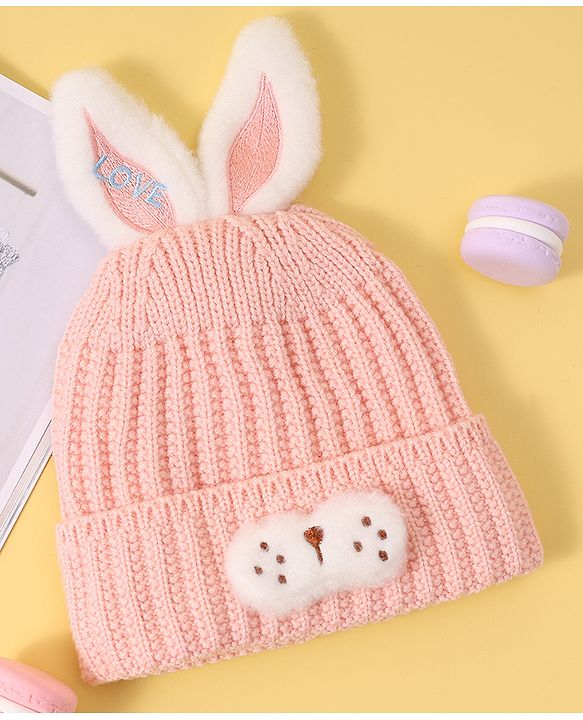 Babyhug Woollen Cap with Rabbit Ear Applique - Pink