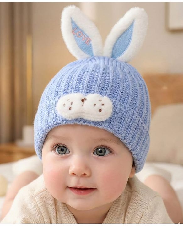 Babyhug Woollen Cap with Rabbit Ear Applique - Blue