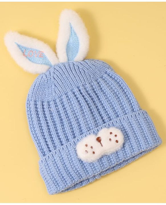 Babyhug Woollen Cap with Rabbit Ear Applique - Blue