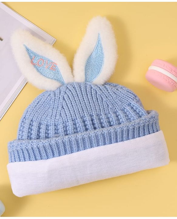 Babyhug Woollen Cap with Rabbit Ear Applique - Blue