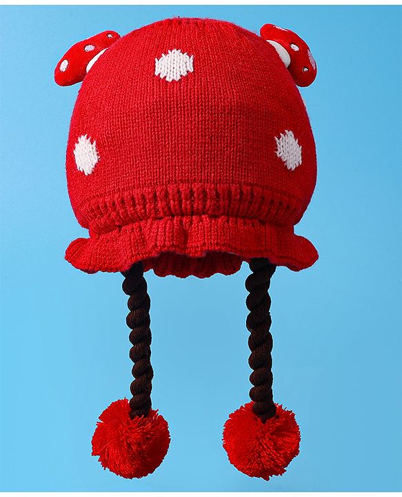 Babyhug Woollen Tie Knot Cap with Pom Pom - Red