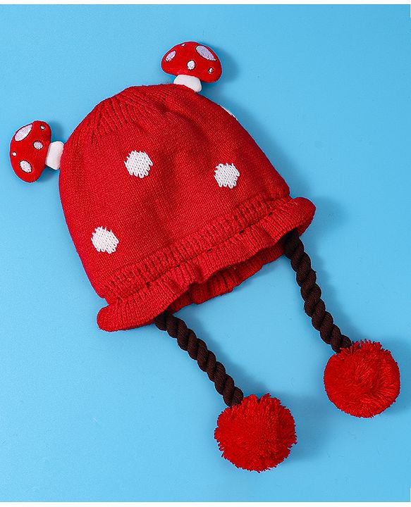 Babyhug Woollen Tie Knot Cap with Pom Pom - Red
