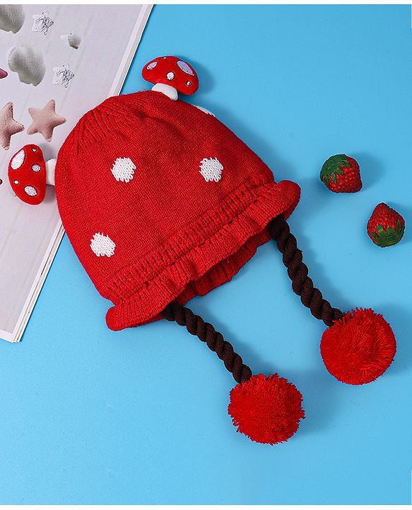 Babyhug Woollen Tie Knot Cap with Pom Pom - Red