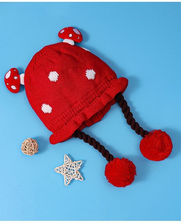 Babyhug Woollen Tie Knot Cap with Pom Pom - Red