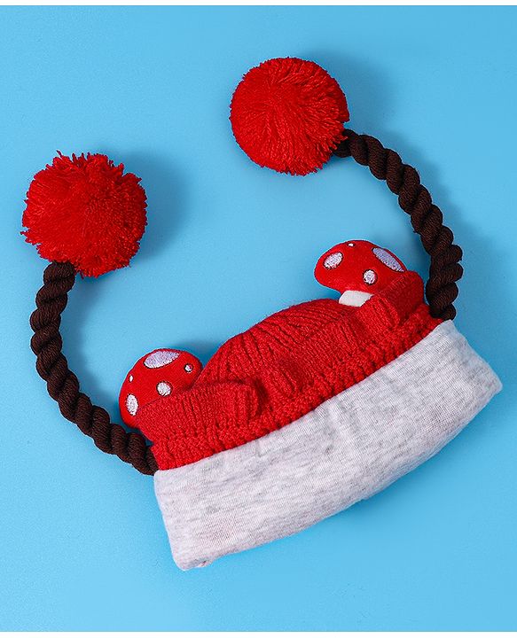 Babyhug Woollen Tie Knot Cap with Pom Pom - Red