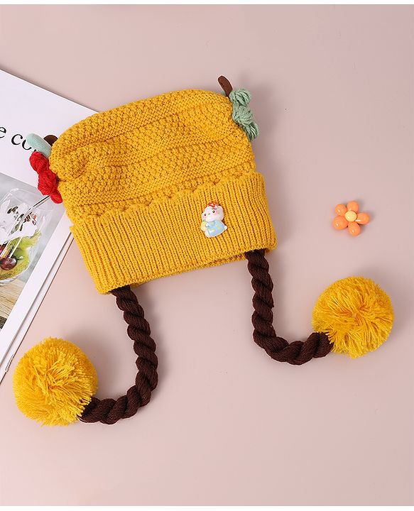 Babyhug Woollen Tie Knot Cap with Pom Pom - Yellow