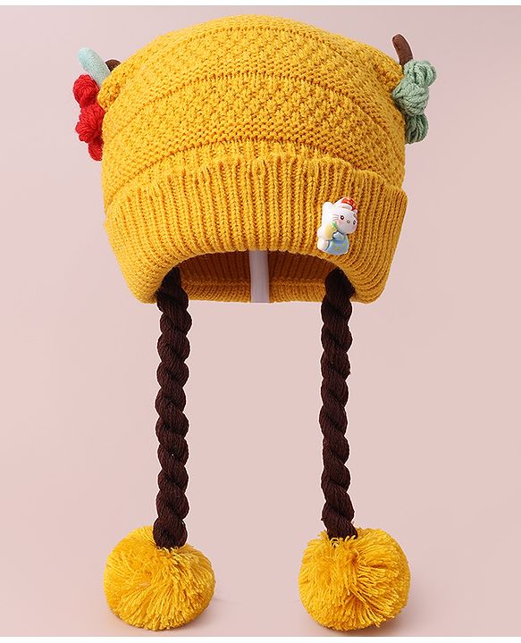 Babyhug Woollen Tie Knot Cap with Pom Pom - Yellow