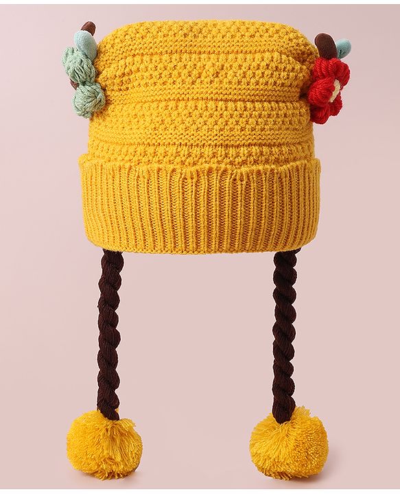 Babyhug Woollen Tie Knot Cap with Pom Pom - Yellow