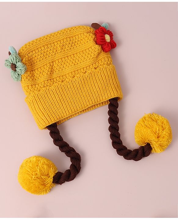 Babyhug Woollen Tie Knot Cap with Pom Pom - Yellow