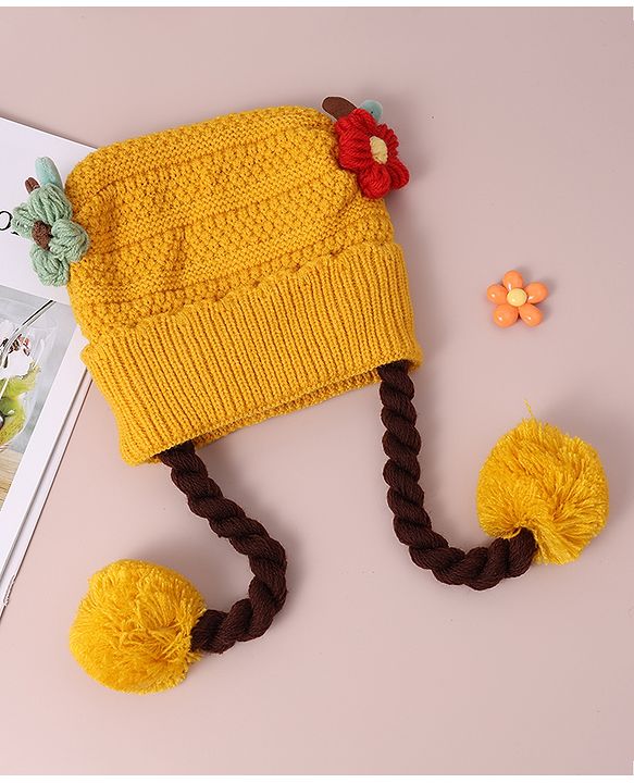 Babyhug Woollen Tie Knot Cap with Pom Pom - Yellow