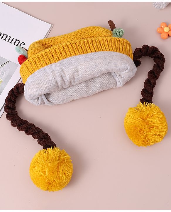 Babyhug Woollen Tie Knot Cap with Pom Pom - Yellow