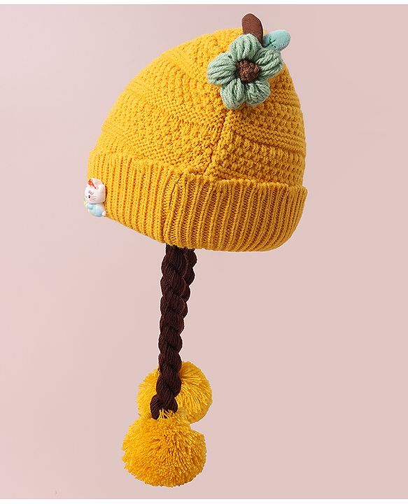Babyhug Woollen Tie Knot Cap with Pom Pom - Yellow