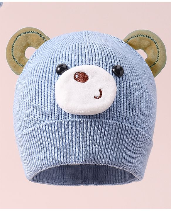 Babyhug Woollen Cap with Teddy Bear Applique - Blue