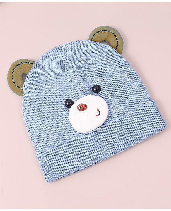 Babyhug Woollen Cap with Teddy Bear Applique - Blue
