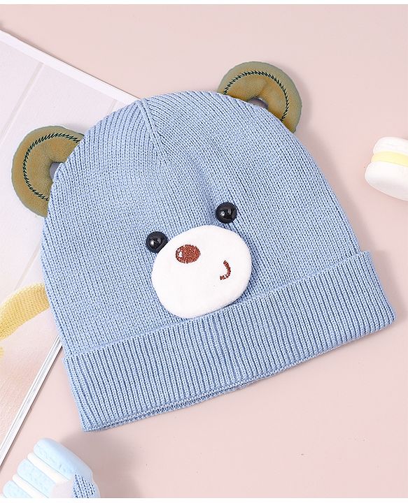 Babyhug Woollen Cap with Teddy Bear Applique - Blue