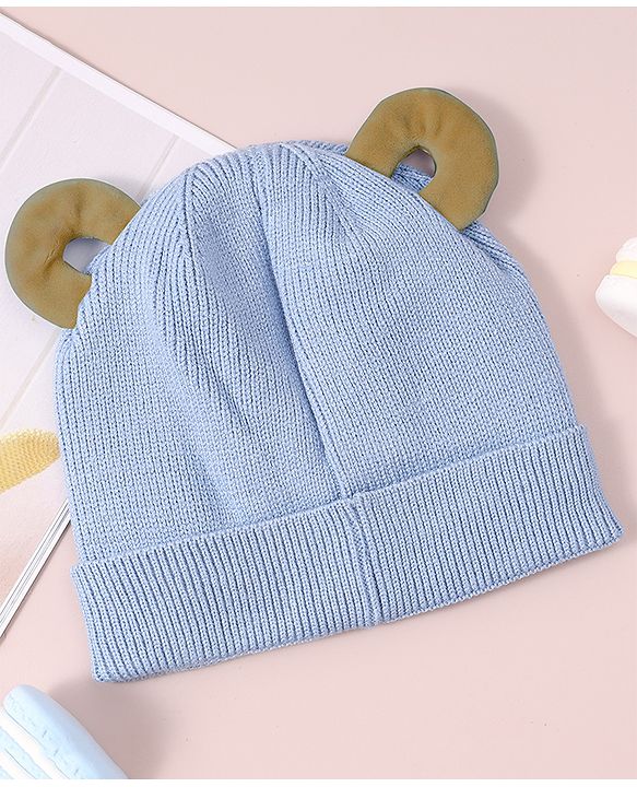 Babyhug Woollen Cap with Teddy Bear Applique - Blue