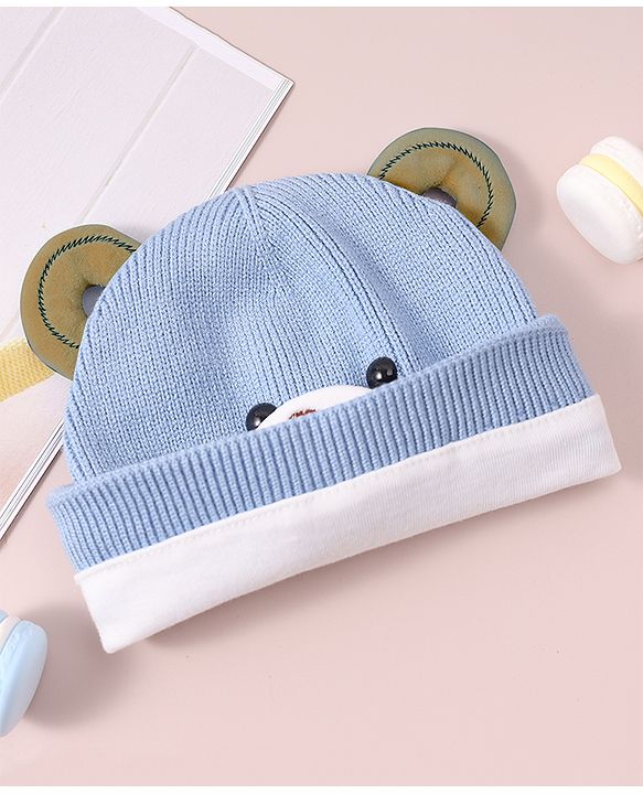 Babyhug Woollen Cap with Teddy Bear Applique - Blue
