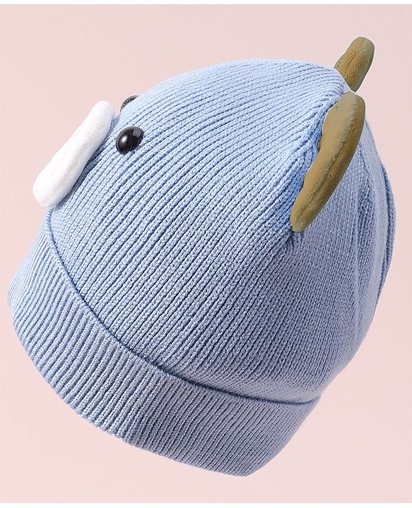 Babyhug Woollen Cap with Teddy Bear Applique - Blue