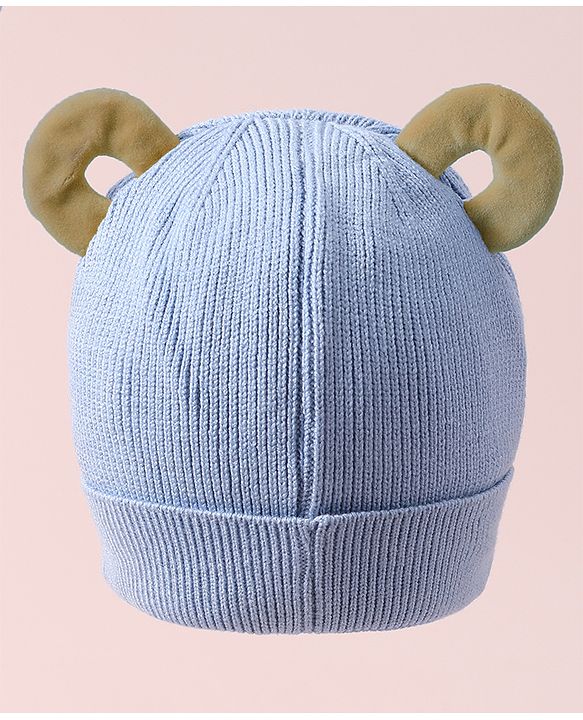 Babyhug Woollen Cap with Teddy Bear Applique - Blue