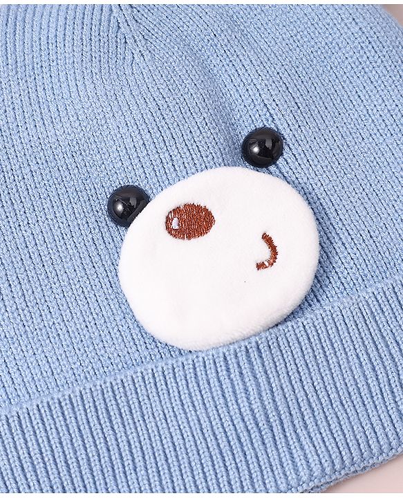 Babyhug Woollen Cap with Teddy Bear Applique - Blue