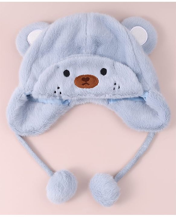 Babyhug Woolen Cap With Pom Pom Applique - Sky Blue