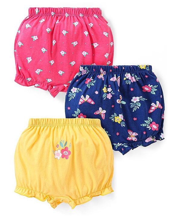 Babyhug 100% Cotton Knit Bloomer with Floral & Butterfly Print Pack of 3 - Pink Yellow & Blue