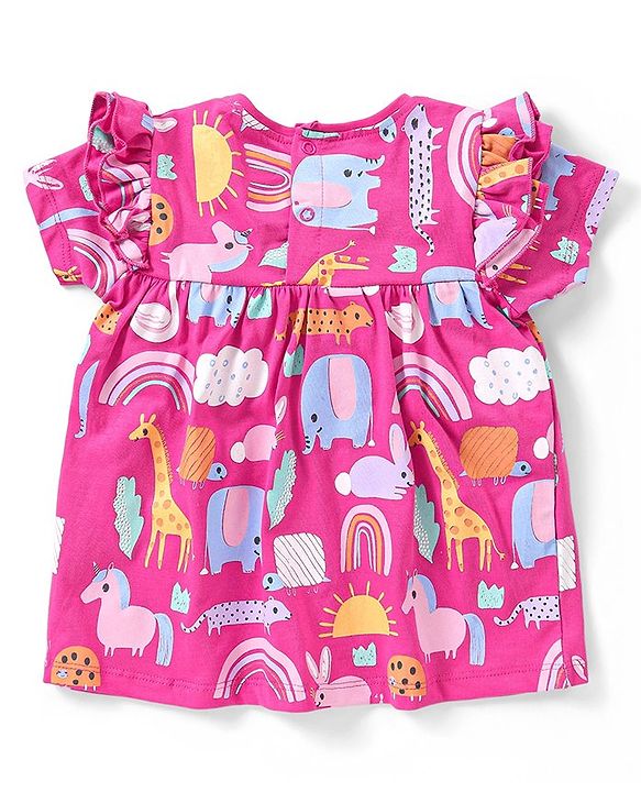 Babyhug Cotton A-Line Half Sleeves Top With Frills & Front Pocket Animals Print - Fuchsia