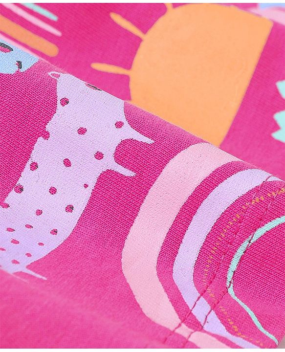 Babyhug Cotton A-Line Half Sleeves Top With Frills & Front Pocket Animals Print - Fuchsia