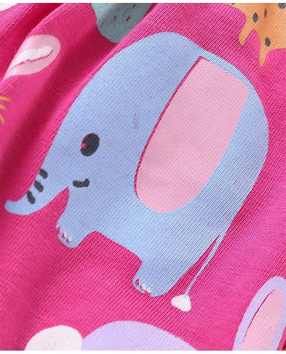 Babyhug Cotton A-Line Half Sleeves Top With Frills & Front Pocket Animals Print - Fuchsia